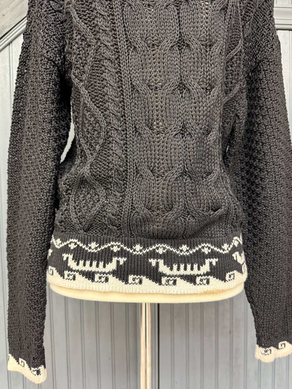 Vintage British Passages Black Cable Knit Sweater Fair Isle Trim Medium - Picture 9 of 12